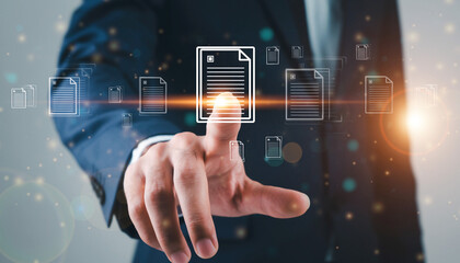Obraz premium Business Professional Selecting Digital Document Interface – Document Management, Data Processing and Workflow Automation Concept