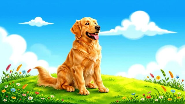 A golden retriever sitting on a green hill surrounded by flowers under a blue sky with white clouds viewed from the side