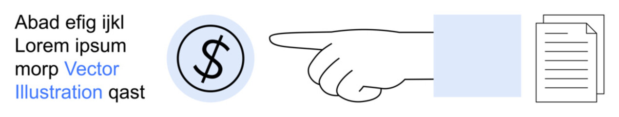 Financial decisions, business strategy, investment planning, money management, economic analysis, direction. Hand points at dollar sign and document. Financial decisions and business strategy