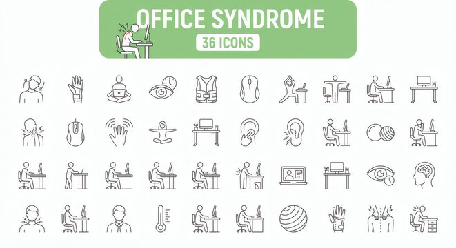Office syndrome line icon set. Includes neck pain, back pain & tired eyes. Perfect for health infographics, ergonomics presentations and articles about occupational health.