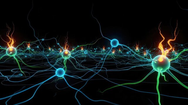 Abstract Neural Network Animation: Glowing Neurons Firing and Connecting