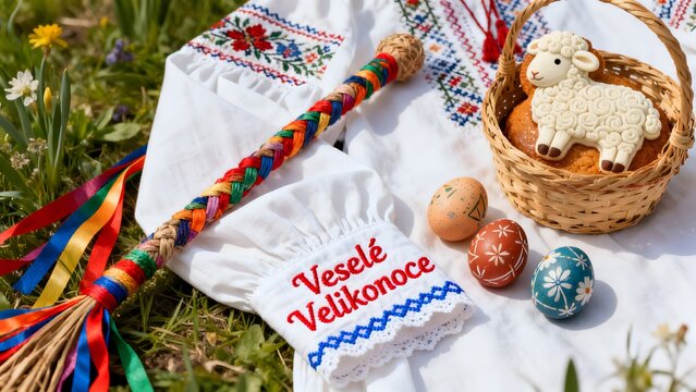 A woven poml&aacute;zka whip, painted eggs and lamb cake on an embroidered folk sleeve. Embroidered Czech text.