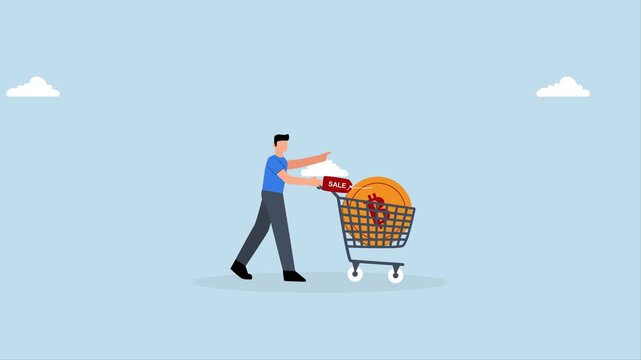 4k animation of man buys cryptocurrency Bitcoin in shopping cart to speculate on future earnings