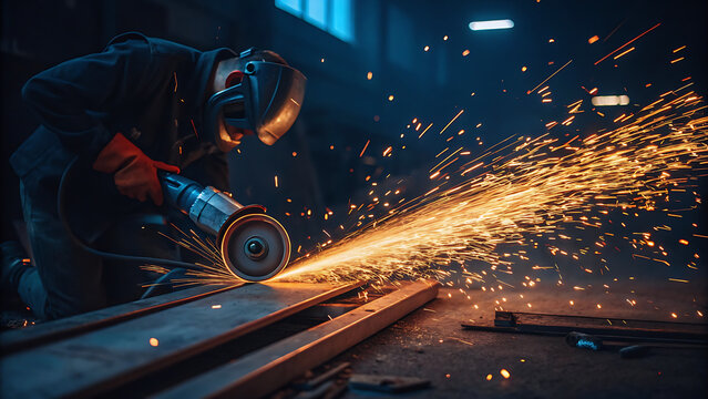 Dynamic workshop scene of a person operating a grinder on a metal beam, sparks flying, captured from a low angle in high‑resolution photo