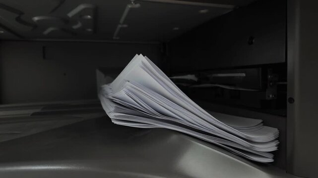 Close-up of photocopied paper documents A4 size  emerging from copier machine into the exit tray. Horizontal footage, normal motion, 4K resolution