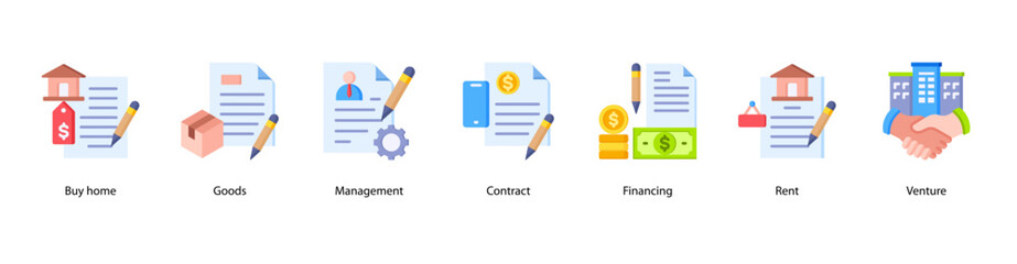 Contract Management web banner featuring Buy Home, Goods, Management, Contract, Financing, Rent, and Venture for structured property, trade, and financial agreements.