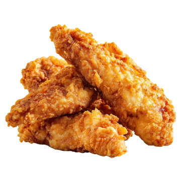 Crispy golden brown fried chicken tenders piled on a black background image, Png Isolated On White, Transparent Background