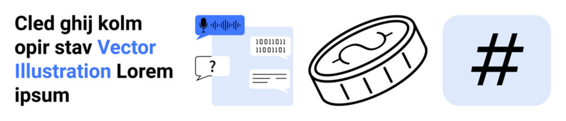 Obraz premium Chat bubbles, metadata tag icon, coin graphic, and text blocks emphasizing engagement, branding, and analytics. Ideal for social media, communication, marketing finance digital strategy teamwork