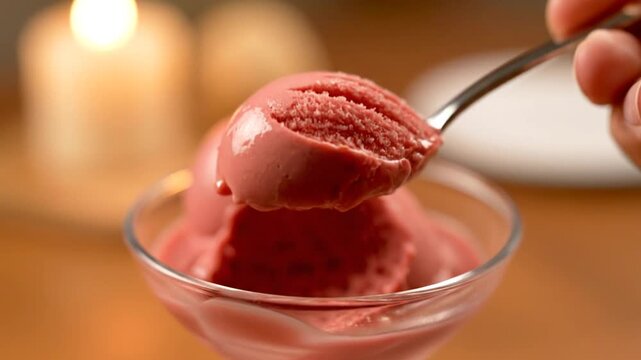 Pink Ice Cream Dessert Spoon Food Candlelit.
