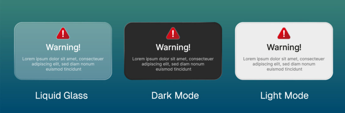 Warning pop up alert error notification with liquid glass style.