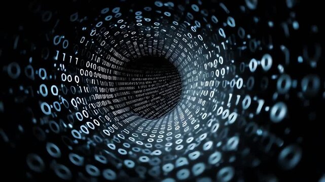 Binary code tunnel with glowing numbers.