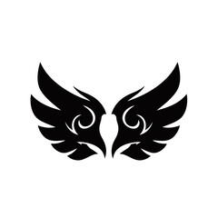 Fototapeta premium Stylized black wings with intricate swirling patterns on a clean white background, resembling a decorative emblem or logo.