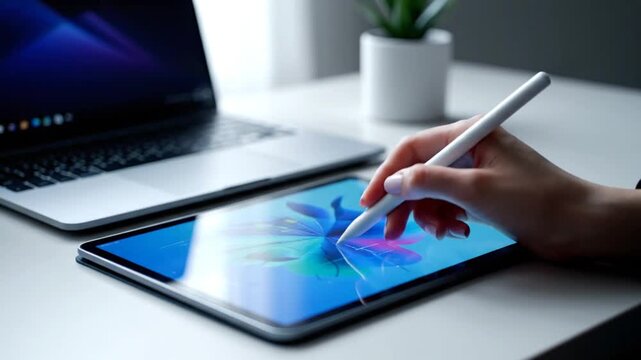 Hand drawing on tablet with laptop.