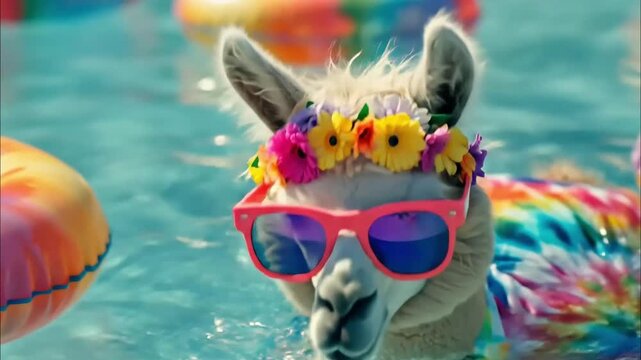 Realistic portrait of a fluffy alpaca wearing neon sunglasses 4K Videos
