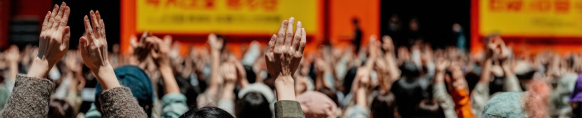 Obraz premium Hands clapping in excitement at a crowded outdoor festival, spectators cheering and celebrating during a public parade event for community promotion and marketing