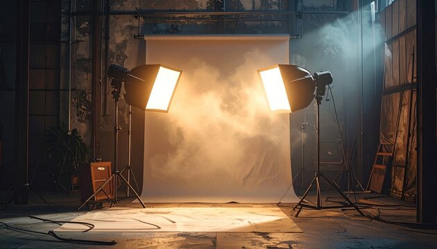 A photo studio setup with two bright lights illuminating a white backdrop with fog