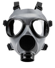 A black gas mask with dual black straps and protective lenses for respiratory safety.