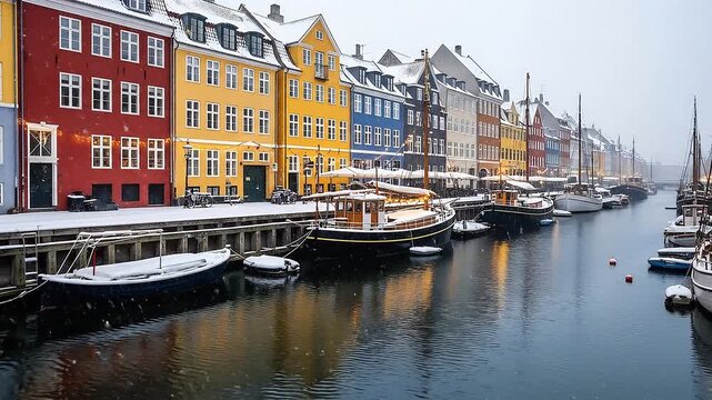 A static, locked-off shot of colorful Nyhavn-style houses lining a canal. Gentle, large snowflakes fall steadily, dusting the cobbles and the roofs of moored boats