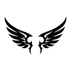 Fototapeta premium A pair of black stylized tribal wings design, symmetrical and spread out, isolated on a white background.