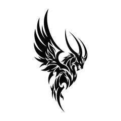 Fototapeta premium Intricate black and white tribal tattoo design featuring a stylized winged dragon or mythical creature with sharp horns and flowing lines.