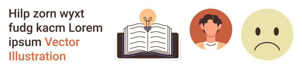 Education, creativity, emotions, learning, problem-solving, communication. Open book with light bulb, person avatar and sad face icon. Education and creativity knowledge and innovation © robu_s