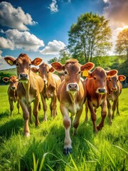 Joyful herd of young cows frolic and play in a lush green meadow on a sunny day