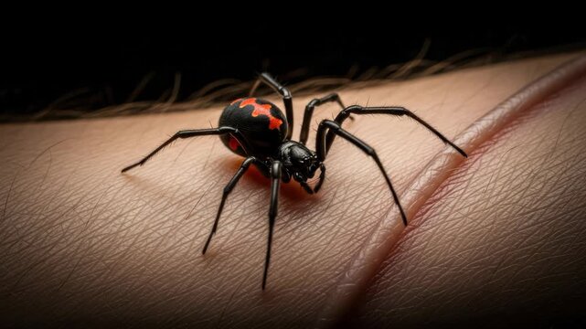 Close-up of a Black Widow Spider with Red Hourglass Marking on Human Skin