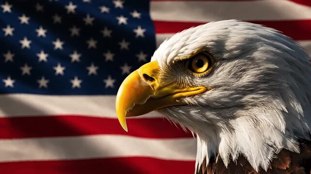 Close-up profile of a bald eagle's head against a blurred American flag background, symbolizing freedom and national pride on Independence Day or Harriet Tubman Day.