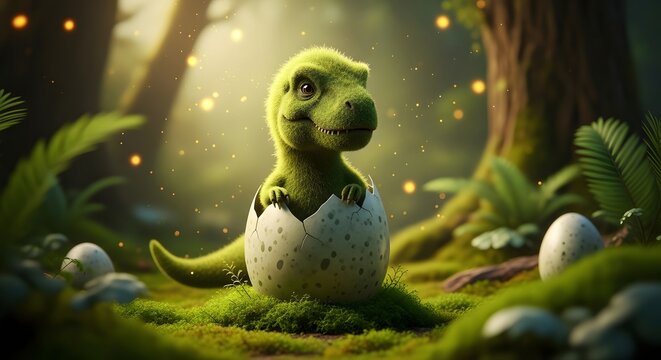 A cute green dinosaur emerging from an egg in a mystical forest