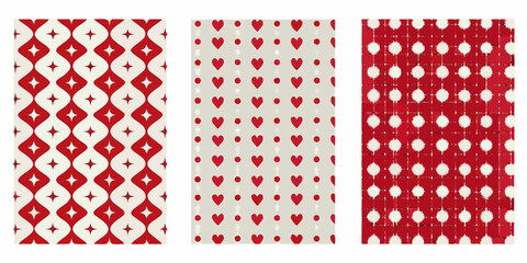 Three vertically oriented panels with repeating red and white patterns
