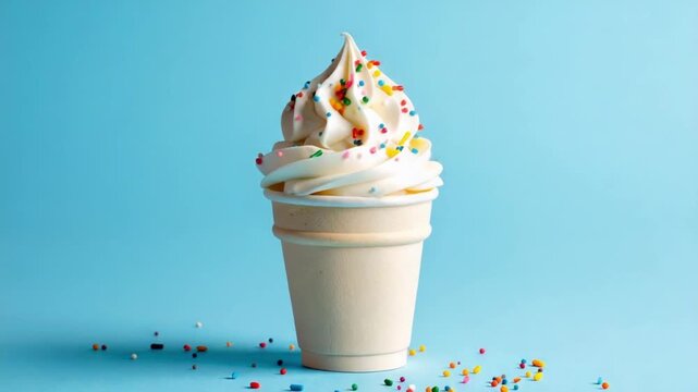 Delicious soft serve ice cream with colorful sprinkles on blue background