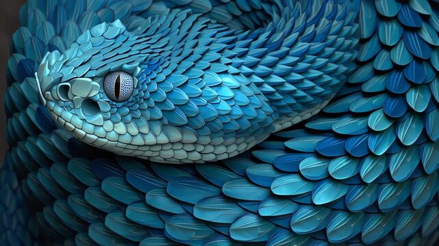 Blue snake coiled close up details.