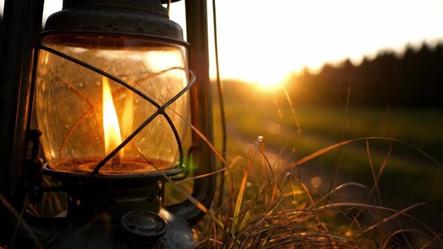 A lantern with a lit candle sits in a field at sunset on Harriet Tubman Day, symbolizing freedom and memorializing historical figures.