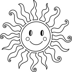 Obraz premium A simple black and white line drawing of a smiling sun with curled rays.