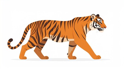 Obraz premium A vibrant, walking tiger with orange fur and black stripes against a clean white backdrop