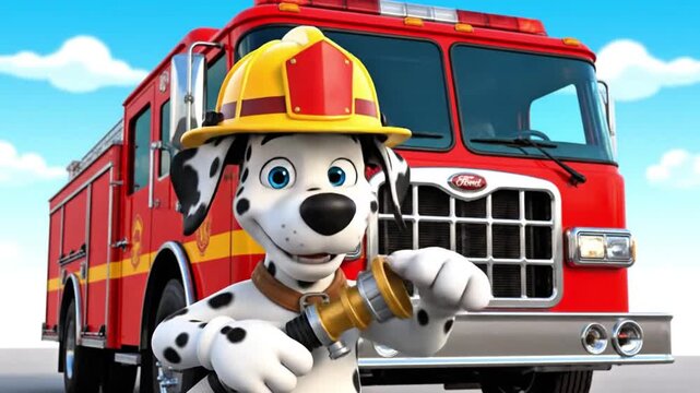 A cartoon dog in a firefighter helmet standing in front of a fire truck on a road with a blue sky