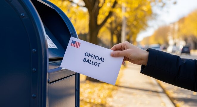 Voter's hand dropping an official ballot envelope into a blue USPS mailbox. Absentee voting concept during autumn election season with golden yellow leaves in the background.