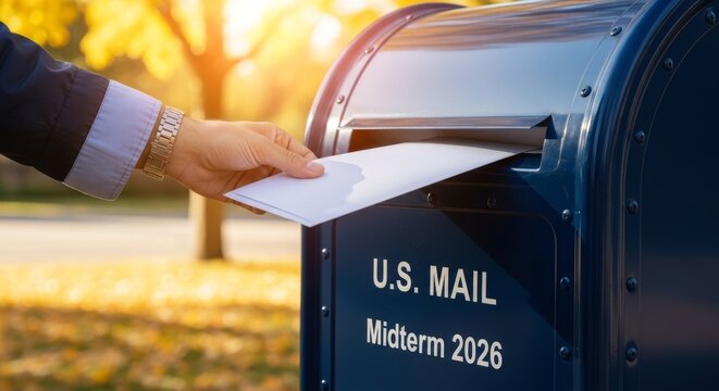 Voter's hand dropping an official ballot envelope into a blue USPS mailbox. Absentee voting concept during autumn election season with golden yellow leaves in the background.