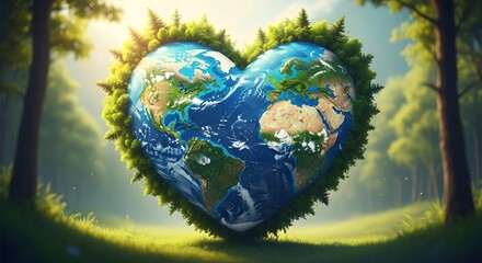 Fototapeta premium Earth in a heart shaped forest landscape