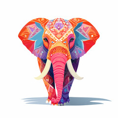 Obraz premium Vibrant elephant illustration featuring intricate patterns and designs, showcasing cultural heritage and wildlife beauty from a front viewpoint