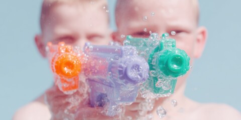 Fototapeta premium Group of kids with water guns playing outdoors in a backyard garden during summer holiday, active play moment for social media content and advertising