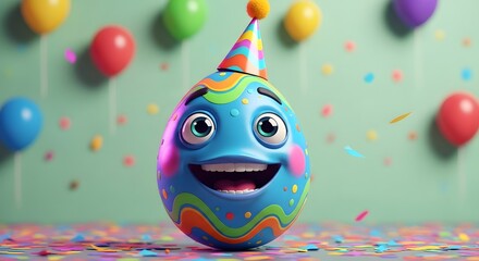 Fototapeta premium A colorful cartoon easter egg character celebrating a birthday