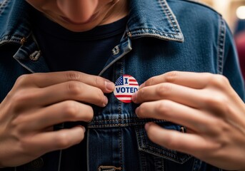 Close-up of a man's hands attaching an "I Voted" sticker to the lapel of his black coat. Voter wearing a wedding ring participating in US elections. Concept of democracy and civic duty.