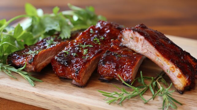 Side angle shot of grilled ribs covered in thick BBQ sauce with golden caramel edges.
