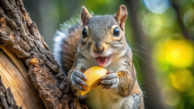 A playful squirrels mischievous grin is revealed as it scamper up a tree with a sneaky banana surprise in its teeth