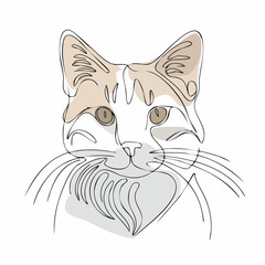 Fototapeta premium Minimalist continuous line art portrait of a domestic cat, featuring elegant contours and subtle color washes, perfect for modern pet illustration designs