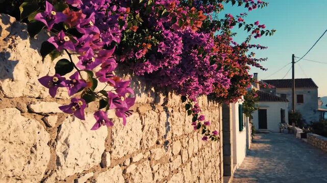 Sunlit Mediterranean Alley With Bougainvillea On Stone Wall In Quiet Village.