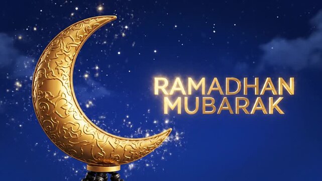 Vibrant digital animation of a golden crescent moon and 'Ramadhan Mubarak' greeting. Ideal for Islamic holidays like Ramadan and Eid al-Fitr, cultural celebrations, and sending spiritual messages of..