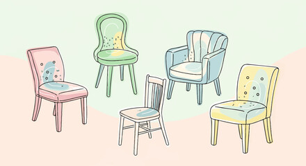 Fototapeta premium An artistic collection of diverse chairs, showcasing various contemporary and classic styles in soft pastel watercolor illustrations for home decor concepts