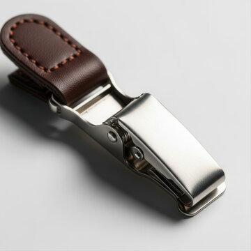 Close-up of a metallic suspender clip with brown leather detail isolated on a white background, showcasing sleek design and craftsmanship